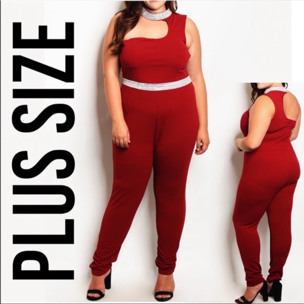 Burgundy Jumpsuit with Rhinestones Plus-Size